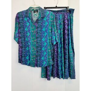 Vintage Fritzi Womens M/L Multicolor Floral 2-Pc Skirt Set Purple/Green USA Made